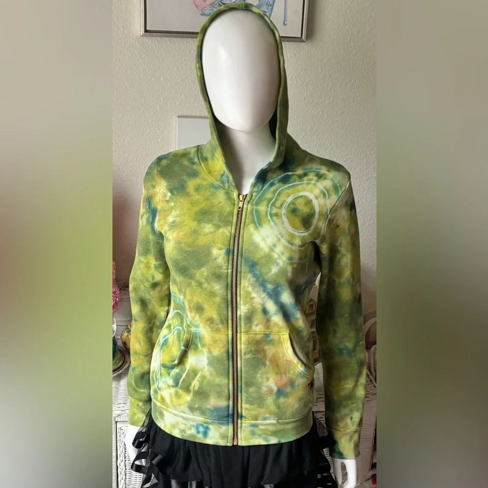 Aviator Nation Junior Kids Zipper Hoodie Tie Dye in Lime Yellow Unisex Size 14
